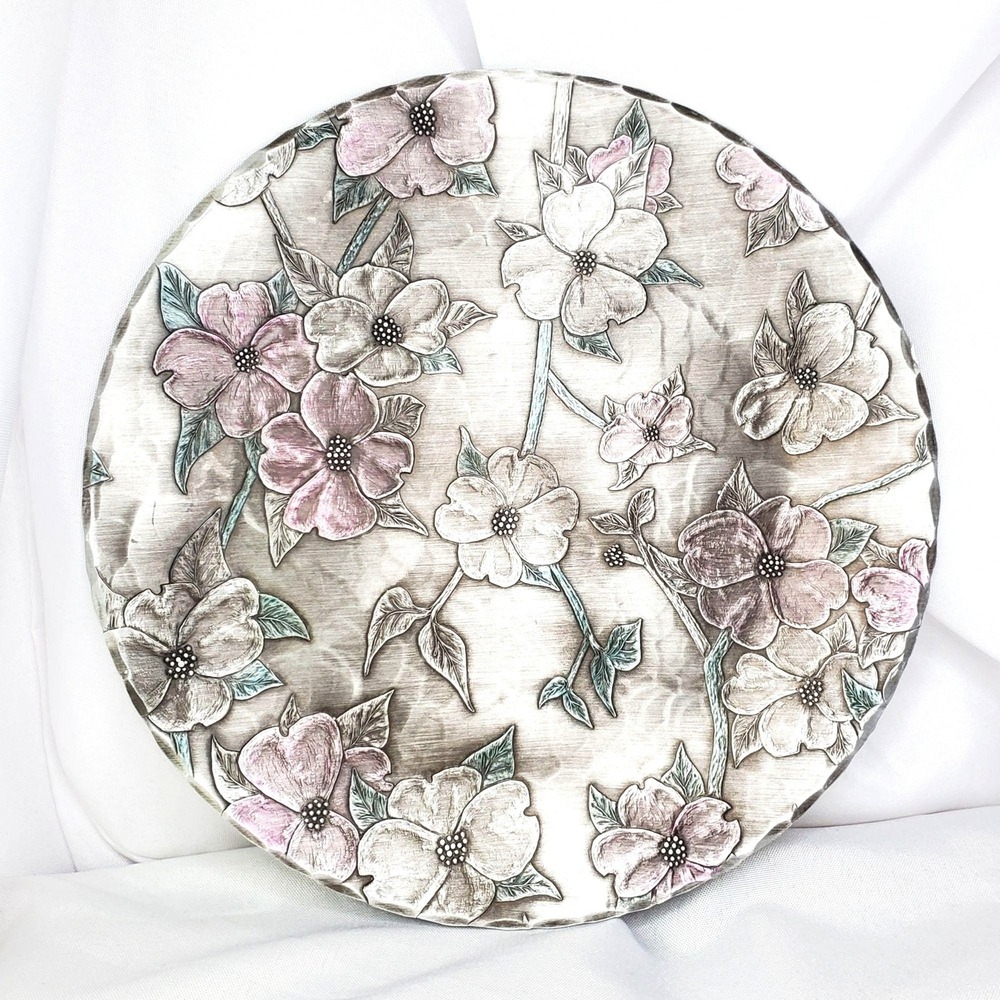 VTG American Forging USA Silver & Pastel Dogwood Floral Decorative Plate 9"